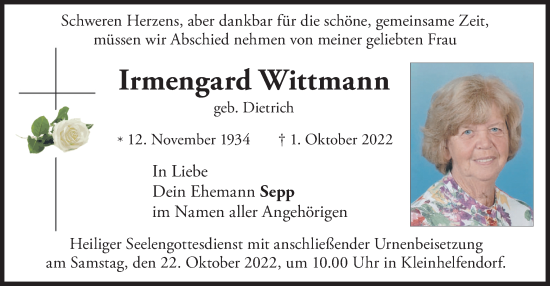 Traueranzeige von Irmengard Wittmann