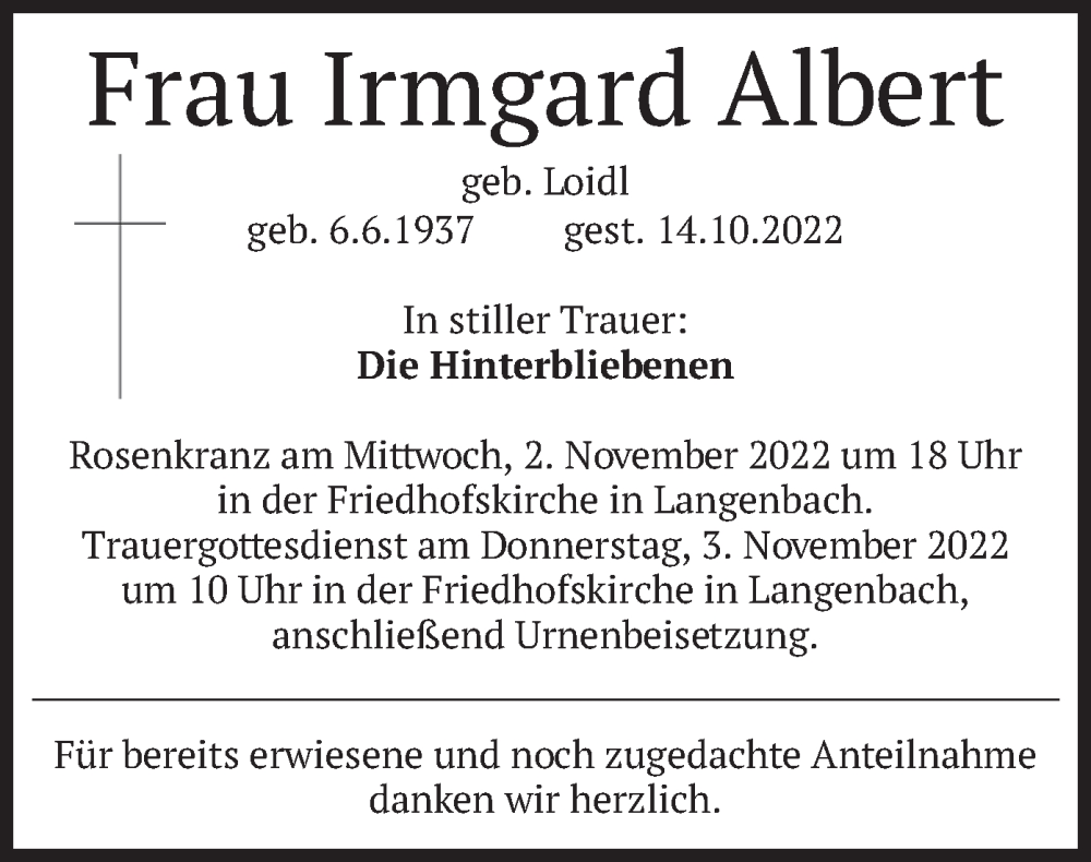  Traueranzeige für Irmgard Albert vom 31.10.2022 aus merkurtz