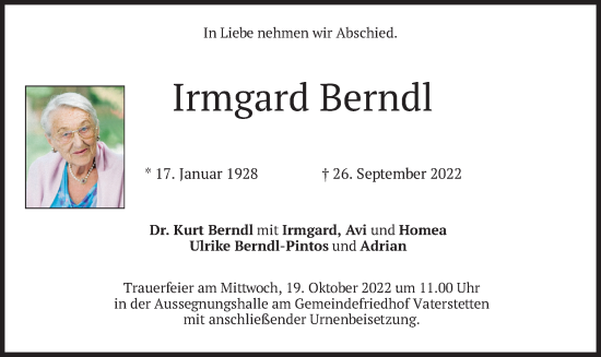 Traueranzeige von Irmgard Berndl von merkurtz