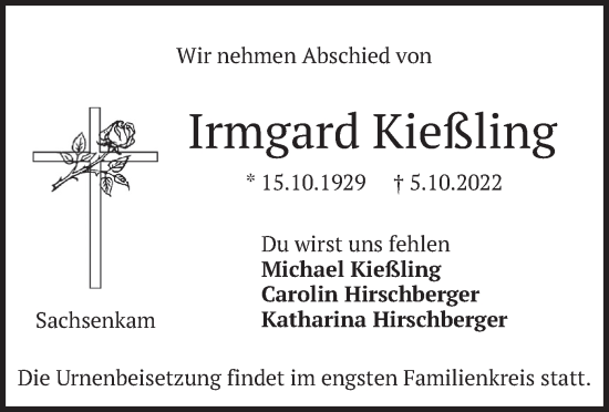 Traueranzeige von Irmgard Kießling von merkurtz