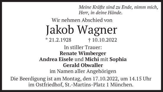 Traueranzeige von Jakob Wagner von merkurtz