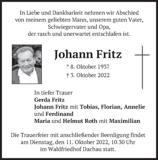 Traueranzeige von Johann Fritz von merkurtz