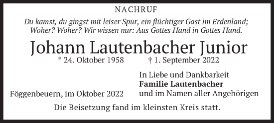 Traueranzeige von Johann Lautenbacher von merkurtz