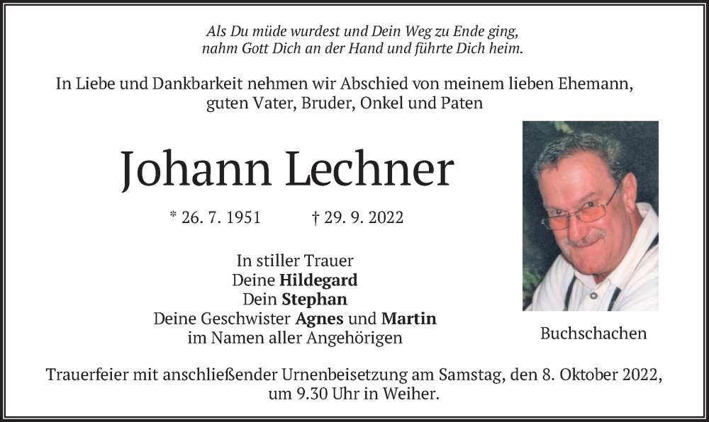  Traueranzeige für Johann Lechner vom 05.10.2022 aus merkurtz