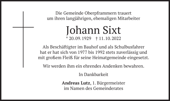 Traueranzeige von Johann Sixt