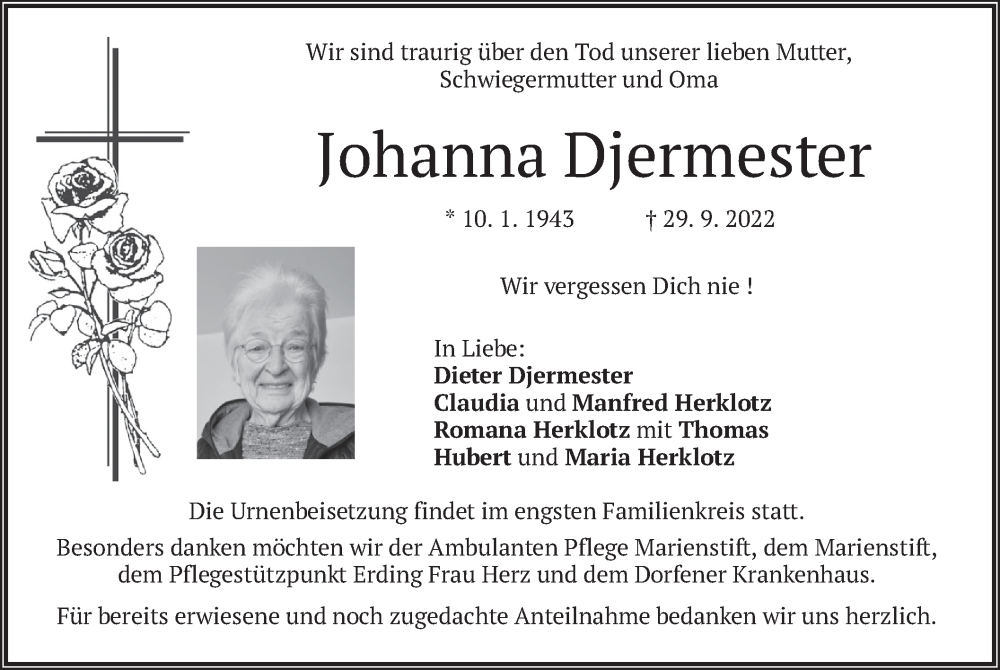  Traueranzeige für Johanna Djermester vom 04.10.2022 aus merkurtz