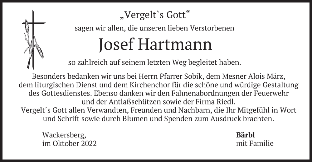  Traueranzeige für Josef Hartmann vom 29.10.2022 aus merkurtz