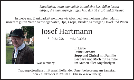 Traueranzeige von Josef Hartmann von merkurtz