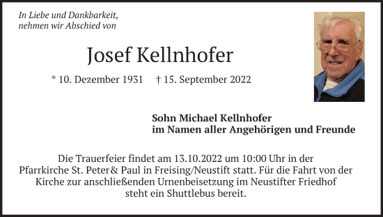 Traueranzeige von Josef Kellnhofer von merkurtz