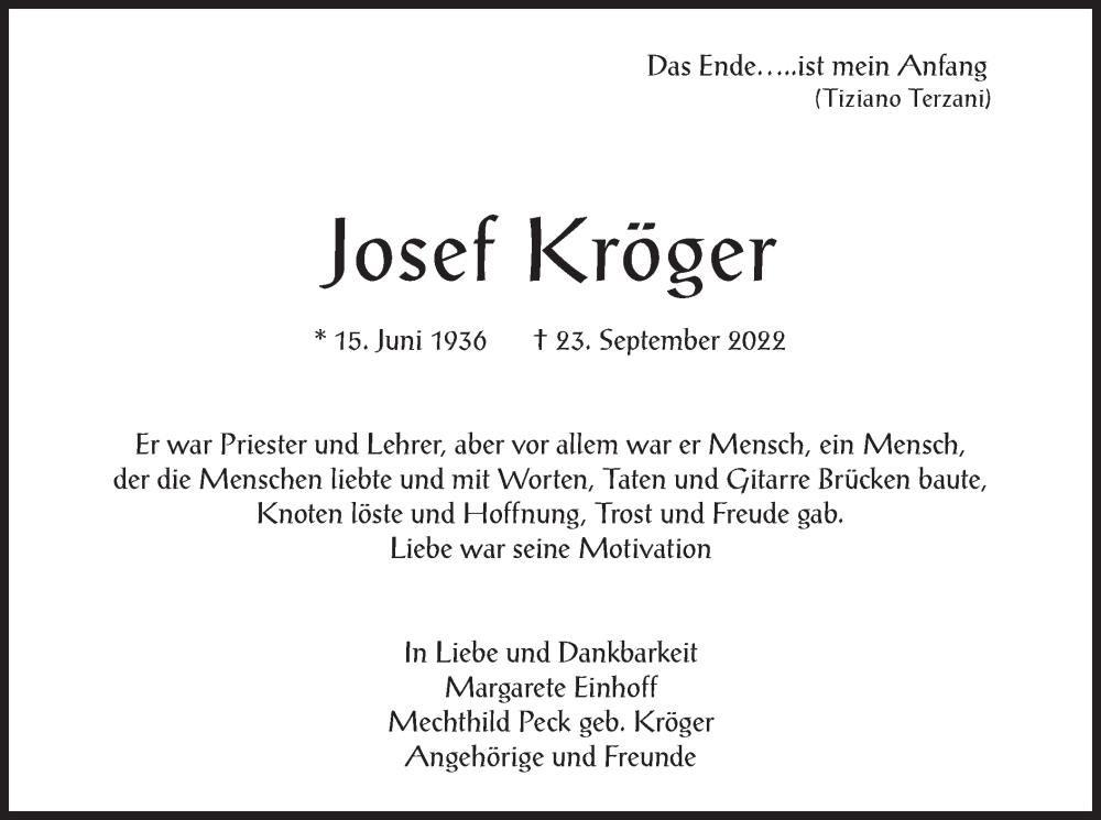  Traueranzeige für Josef Kröger vom 08.10.2022 aus merkurtz