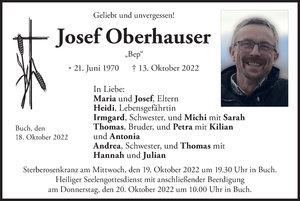  Traueranzeige für Josef Oberhauser vom 18.10.2022 aus merkurtz