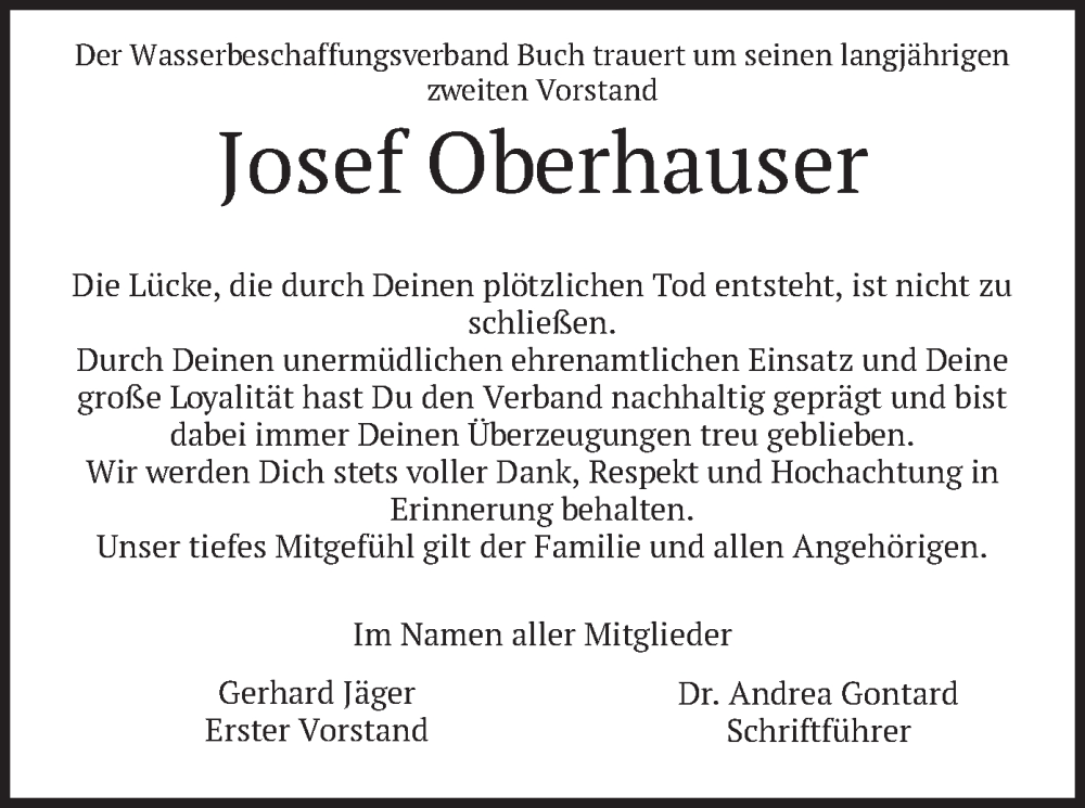  Traueranzeige für Josef Oberhauser vom 22.10.2022 aus merkurtz