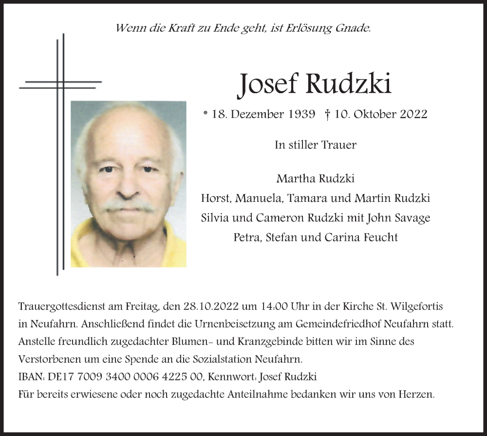  Traueranzeige für Josef Rudzki vom 22.10.2022 aus merkurtz