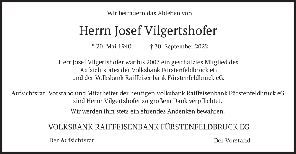  Traueranzeige für Josef Vilgertshofer vom 08.10.2022 aus merkurtz
