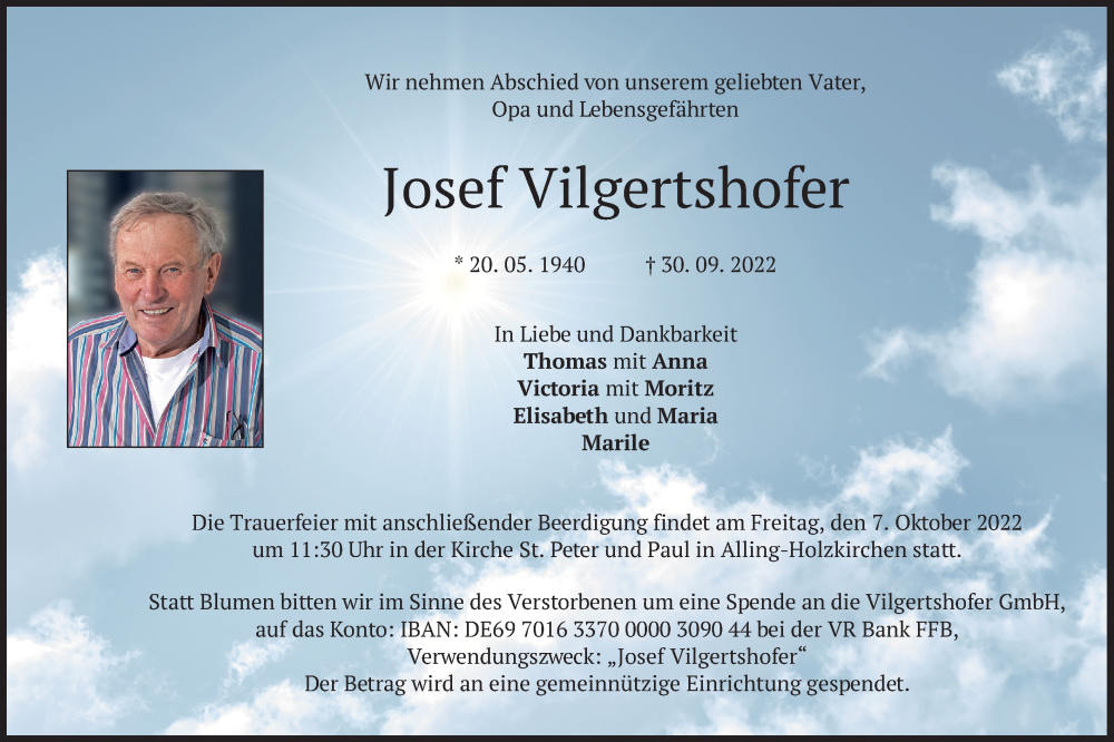  Traueranzeige für Josef Vilgertshofer vom 05.10.2022 aus merkurtz