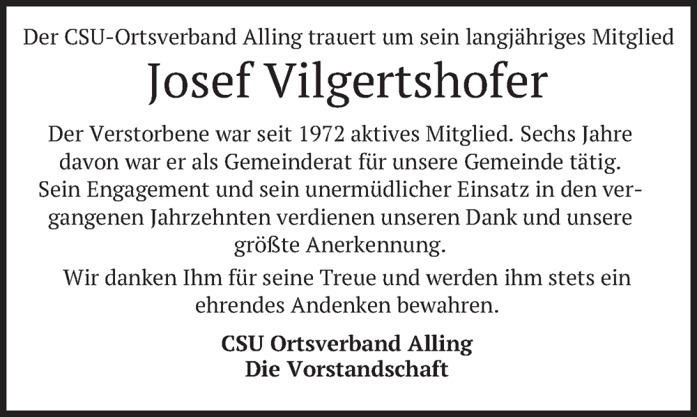  Traueranzeige für Josef Vilgertshofer vom 07.10.2022 aus merkurtz