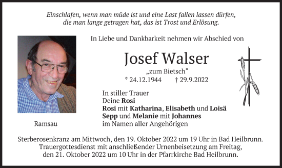 Traueranzeige von Josef Walser von merkurtz