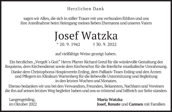 Traueranzeige von Josef Watzka von merkurtz
