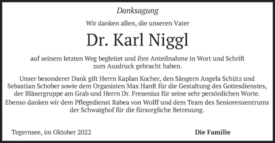 Traueranzeige von Karl Niggl von merkurtz