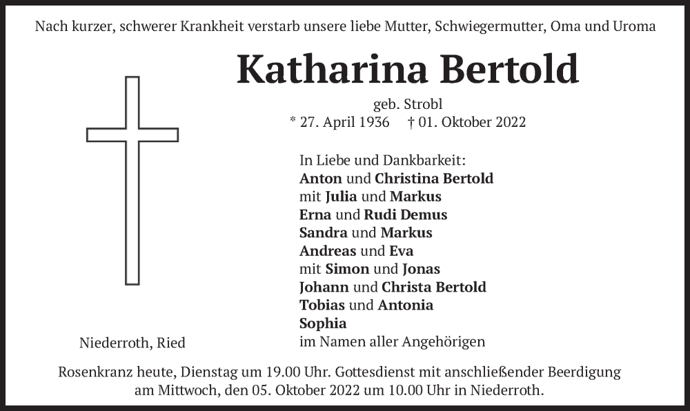  Traueranzeige für Katharina Bertold vom 04.10.2022 aus merkurtz