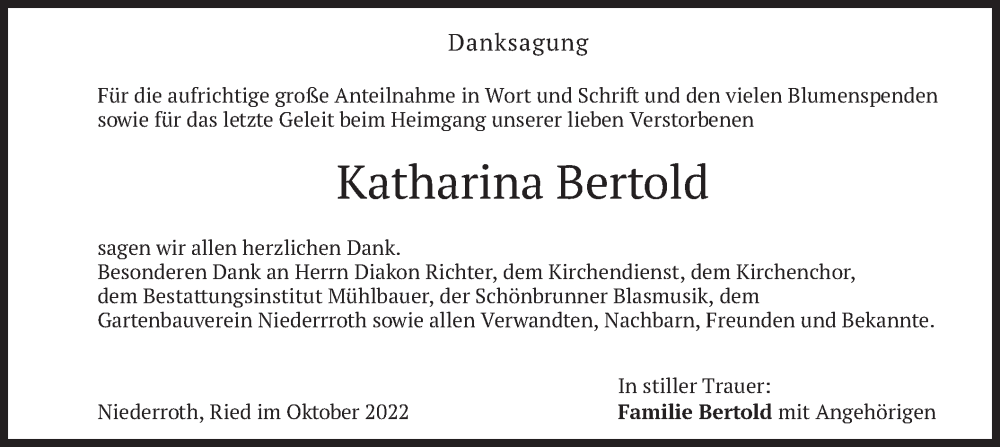  Traueranzeige für Katharina Bertold vom 15.10.2022 aus merkurtz
