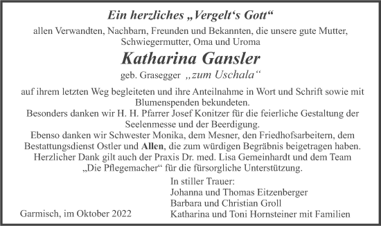 Traueranzeige von Katharina Gansler von merkurtz