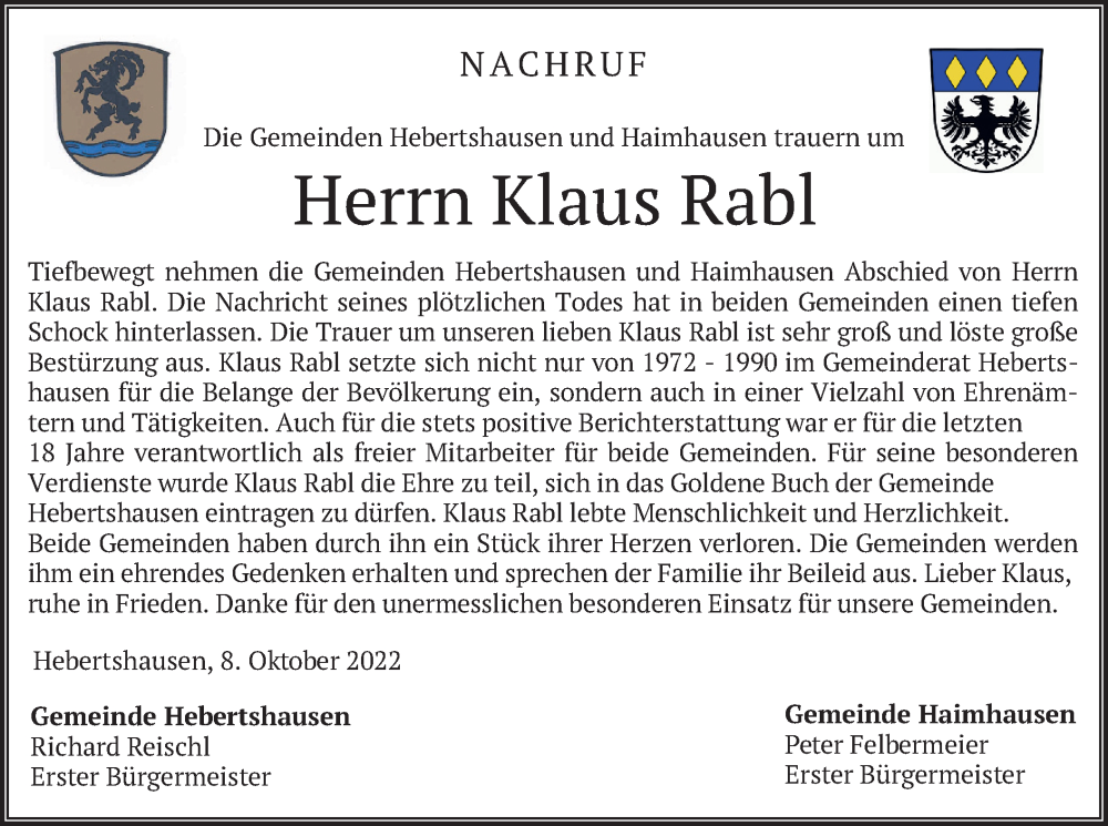  Traueranzeige für Klaus Rabl vom 08.10.2022 aus merkurtz