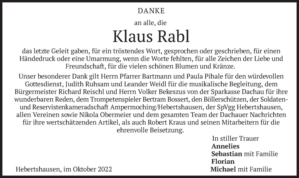  Traueranzeige für Klaus Rabl vom 15.10.2022 aus merkurtz