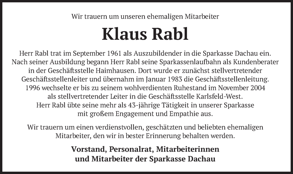  Traueranzeige für Klaus Rabl vom 04.10.2022 aus merkurtz