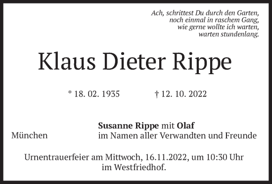 Traueranzeige von Klaus Dieter Rippe von merkurtz
