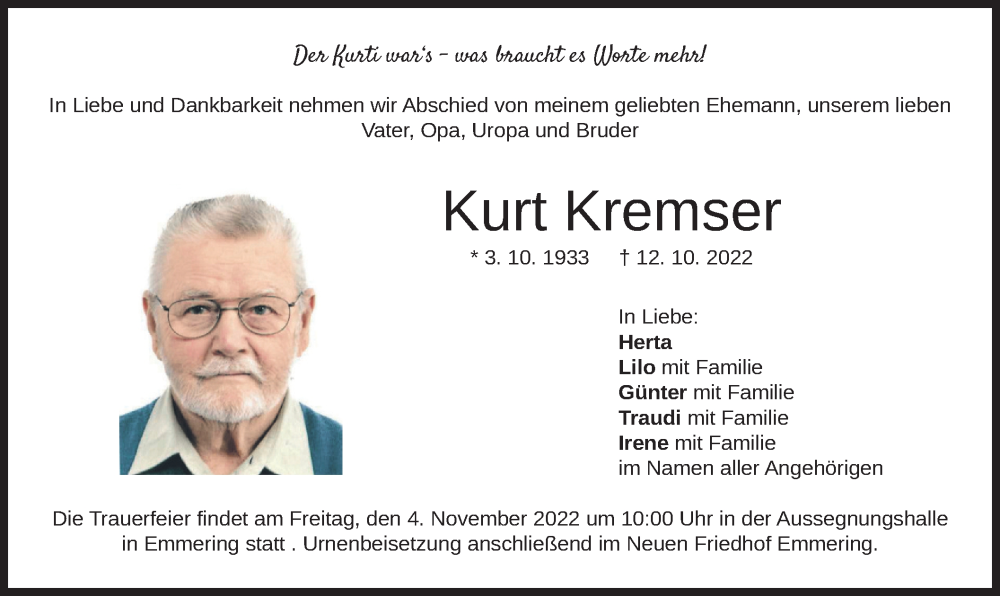  Traueranzeige für Kurt Kremser vom 22.10.2022 aus merkurtz