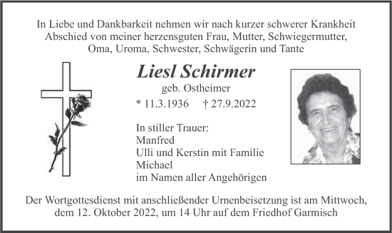 Traueranzeige von Liesl Schirmer von merkurtz