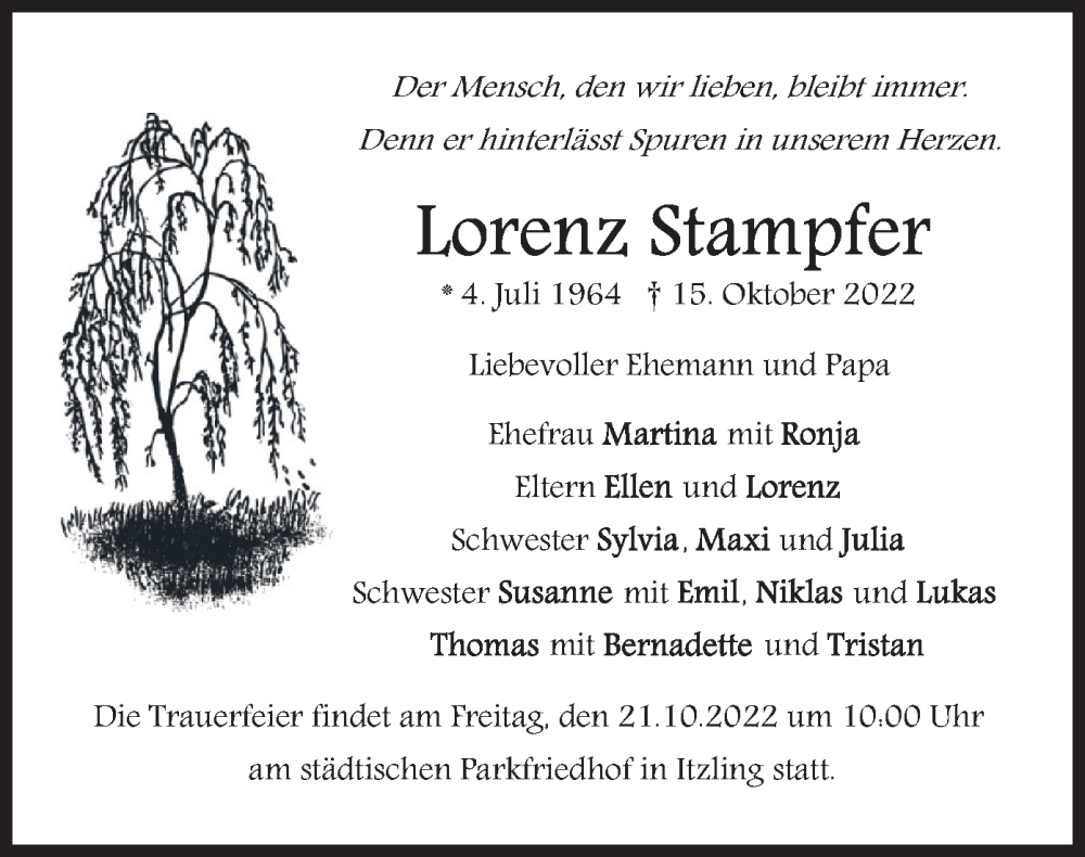  Traueranzeige für Lorenz Stampfer vom 19.10.2022 aus merkurtz