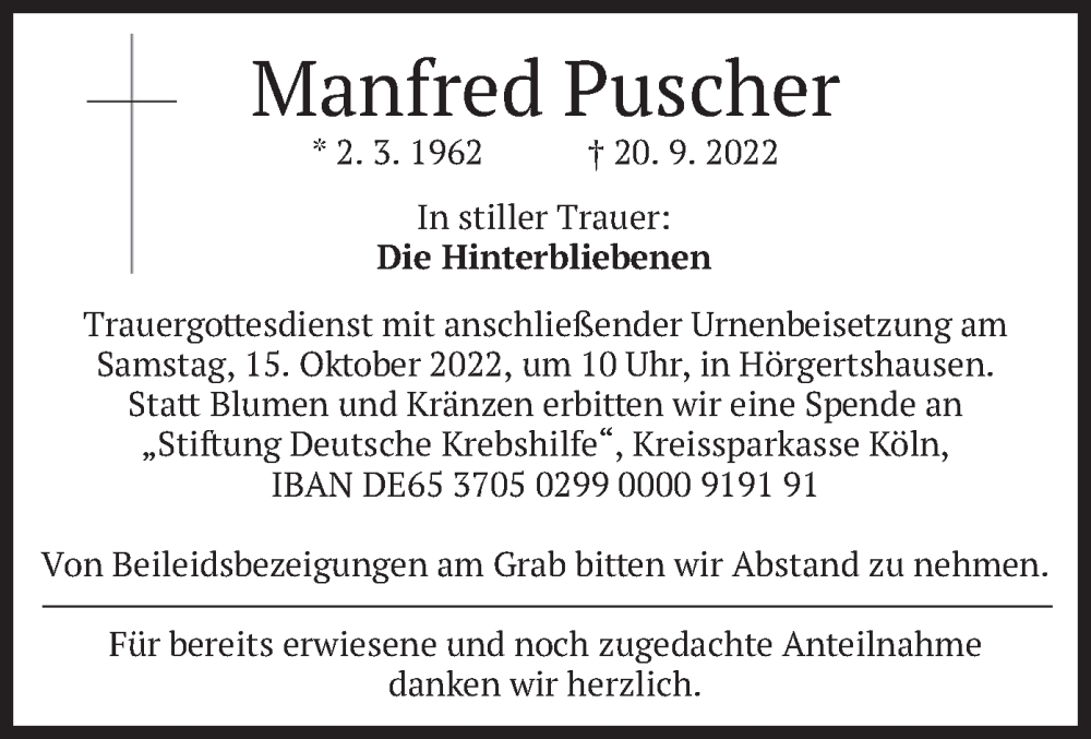  Traueranzeige für Manfred Puscher vom 11.10.2022 aus merkurtz