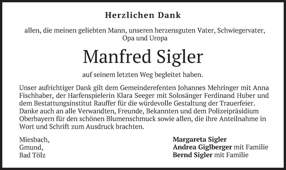  Traueranzeige für Manfred Sigler vom 08.10.2022 aus merkurtz