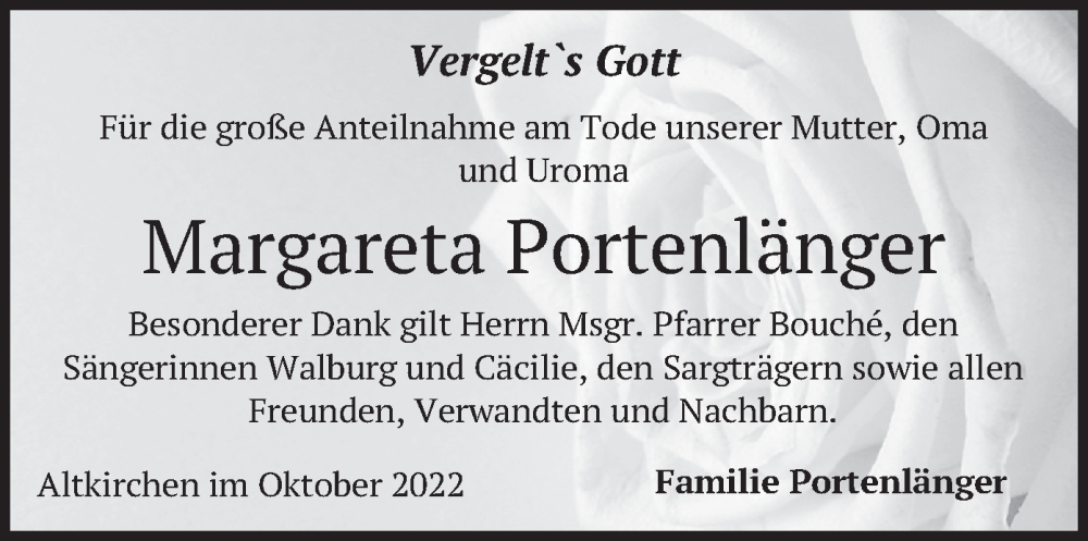  Traueranzeige für Margareta Portenlänger vom 15.10.2022 aus merkurtz