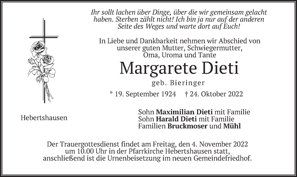  Traueranzeige für Margarete Dieti vom 29.10.2022 aus merkurtz