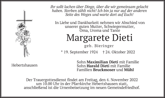 Traueranzeige von Margarete Dieti von merkurtz
