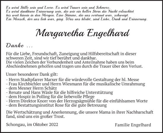 Traueranzeige von Margaretha Engelhard von merkurtz