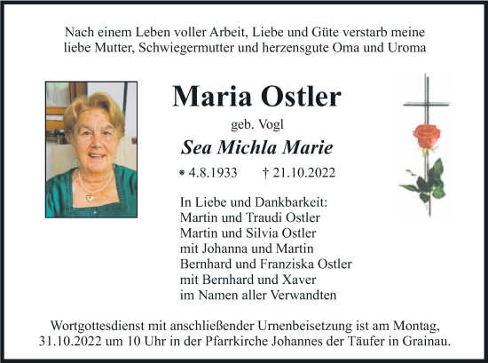 Traueranzeige von Maria Ostler von merkurtz