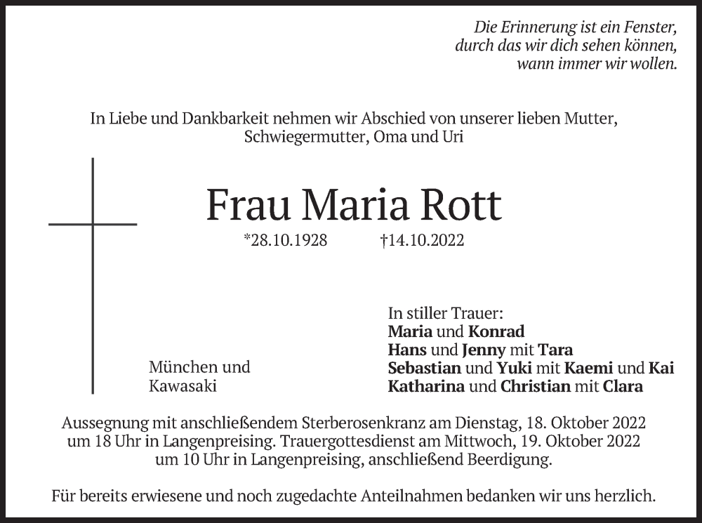  Traueranzeige für Maria Rott vom 15.10.2022 aus merkurtz