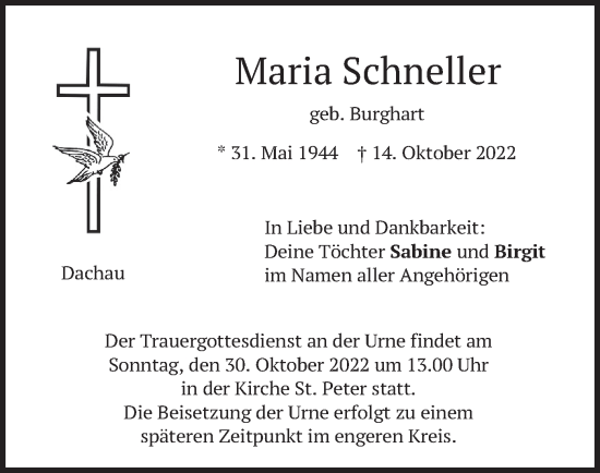 Traueranzeige von Maria Schneller von merkurtz