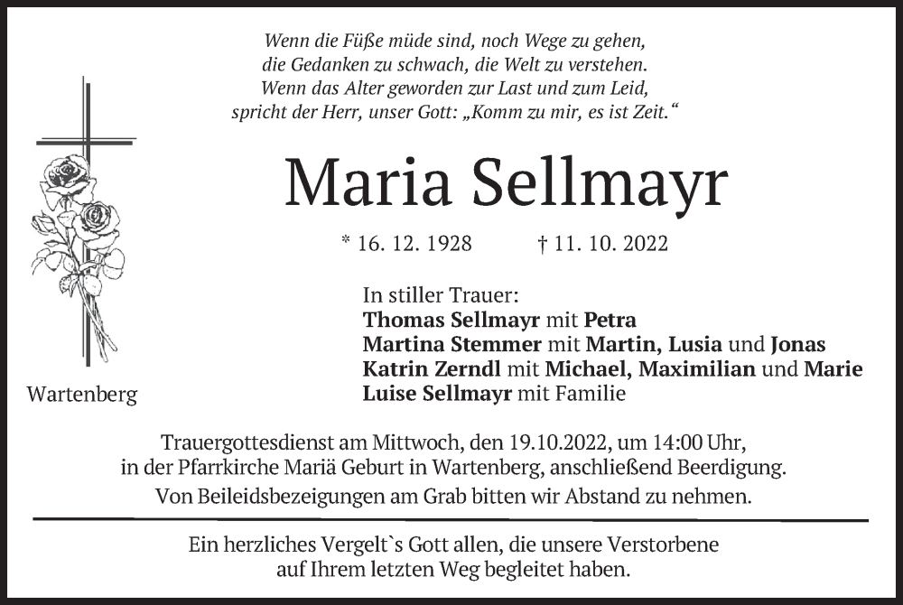  Traueranzeige für Maria Sellmayr vom 17.10.2022 aus merkurtz
