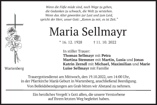 Traueranzeige von Maria Sellmayr von merkurtz
