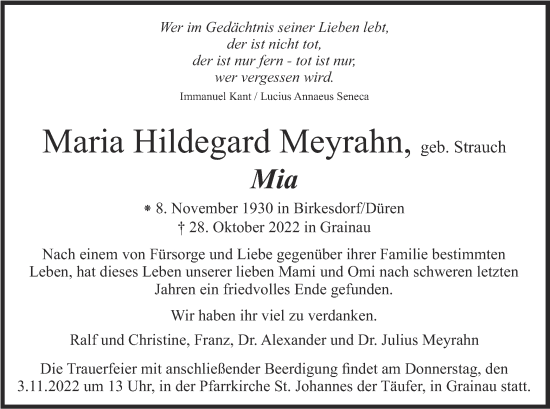Traueranzeige von Maria Hildegard Meyrahn von merkurtz