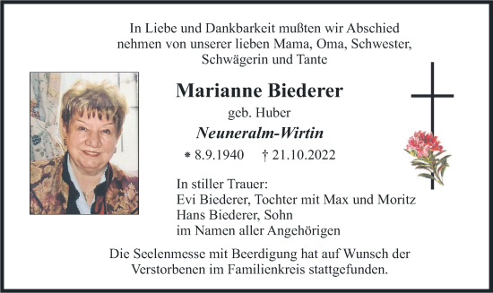 Traueranzeige von Marianne Biederer von merkurtz