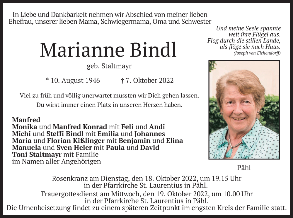  Traueranzeige für Marianne Bindl vom 15.10.2022 aus merkurtz