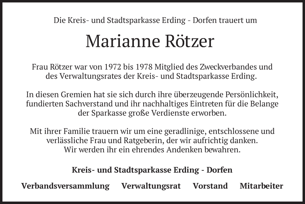  Traueranzeige für Marianne Rötzer vom 06.10.2022 aus merkurtz