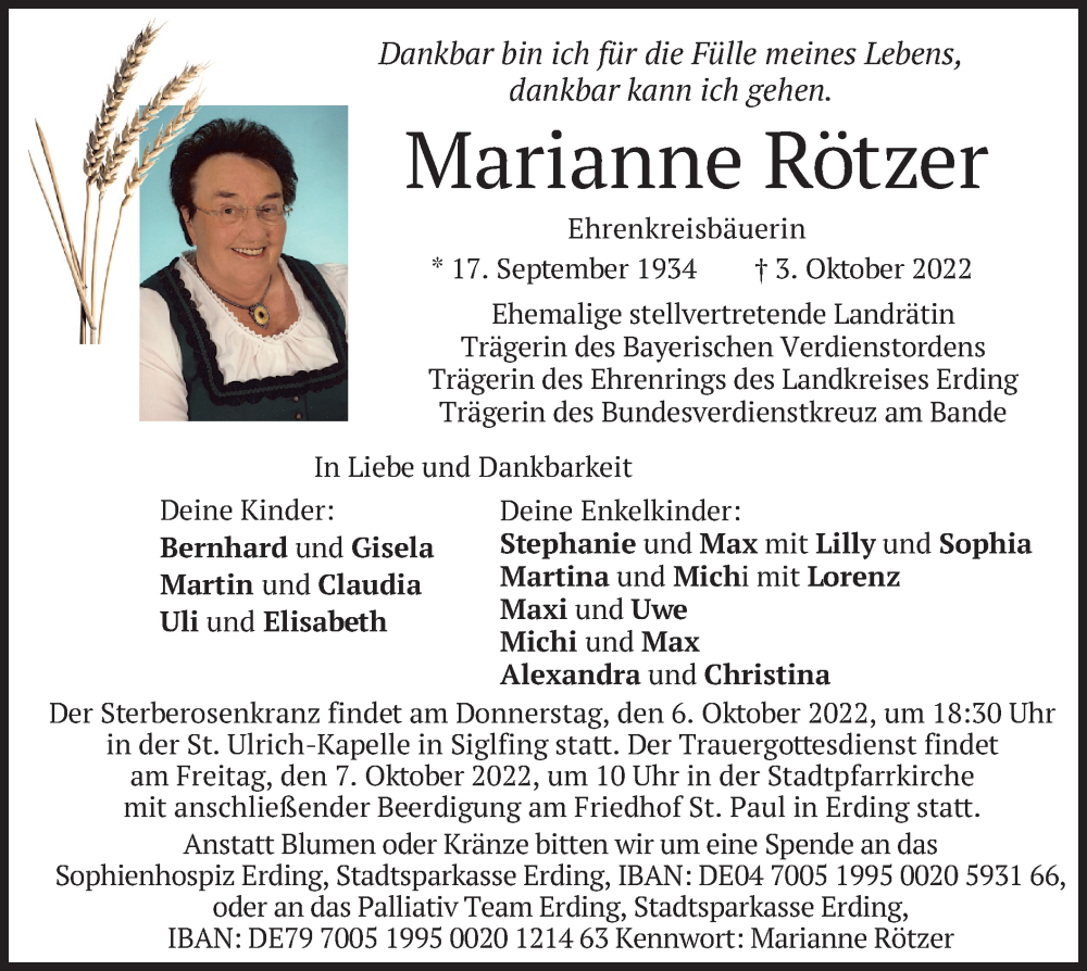  Traueranzeige für Marianne Rötzer vom 05.10.2022 aus merkurtz
