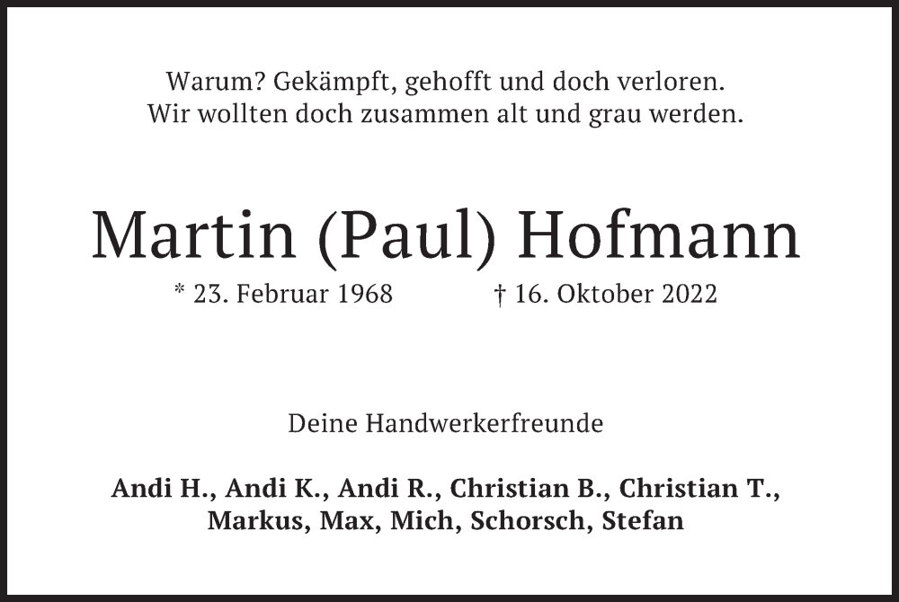  Traueranzeige für Martin Hofmann vom 19.10.2022 aus merkurtz